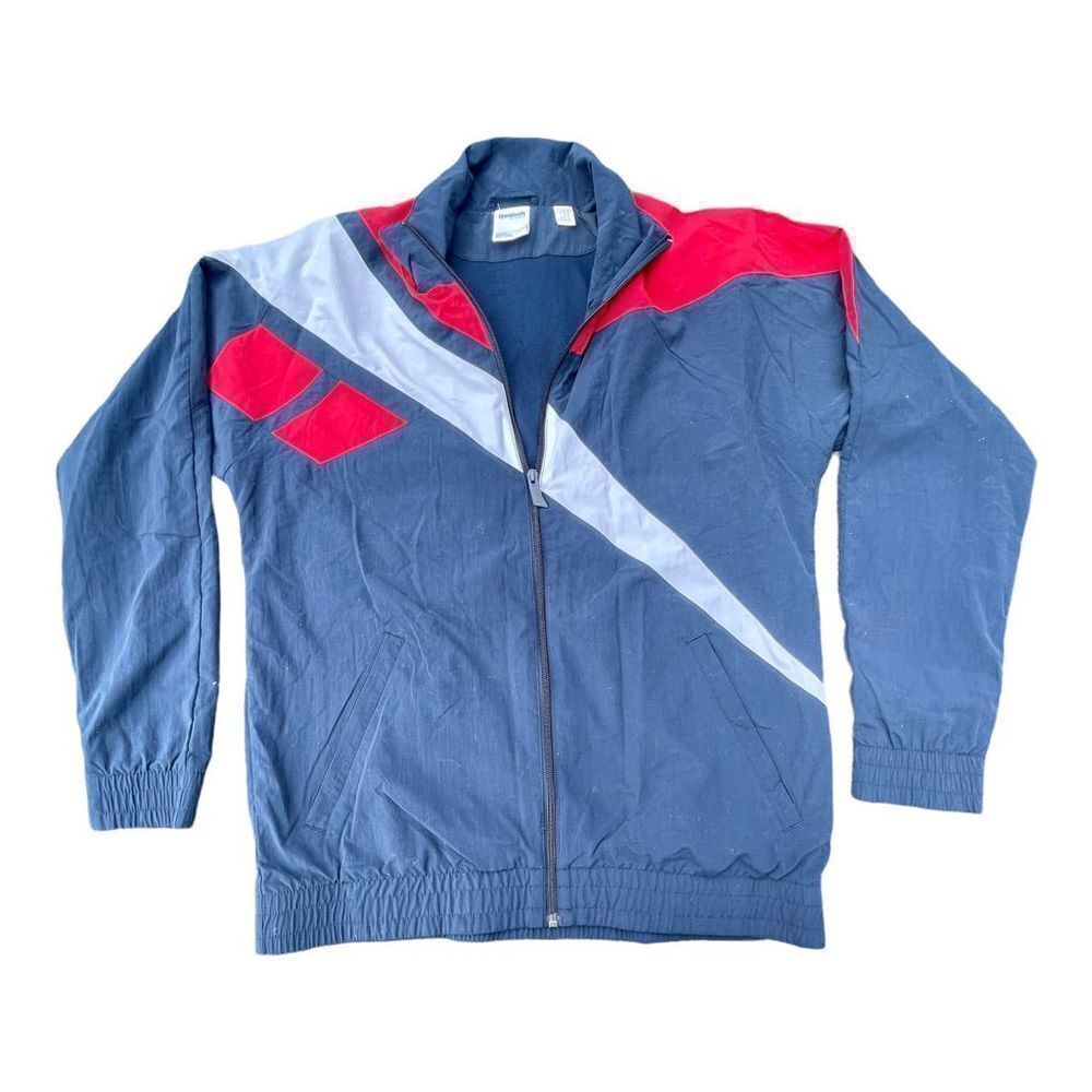 Reebok Mens Nylon Track Top Jacket Hype Sweatshirt Big Logo Navy Blue Red White